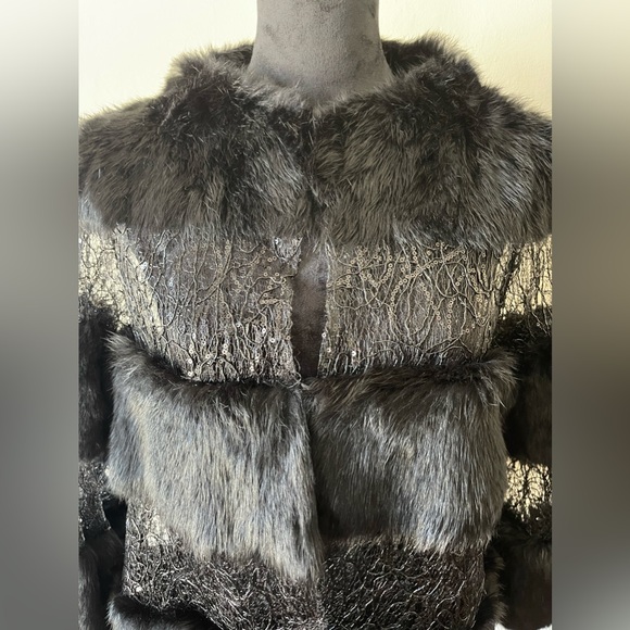 NWT Alberto Makali 100% rabbit fur w/ lace/sequin combo jacket, size L - Picture 2 of 13